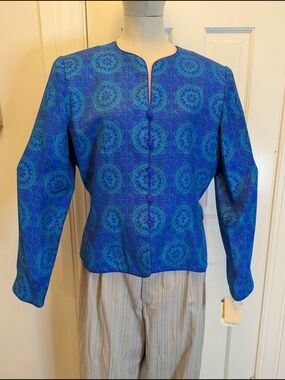 Adrianna Papell Blue and Teal Patterned Silk Suit Jacket